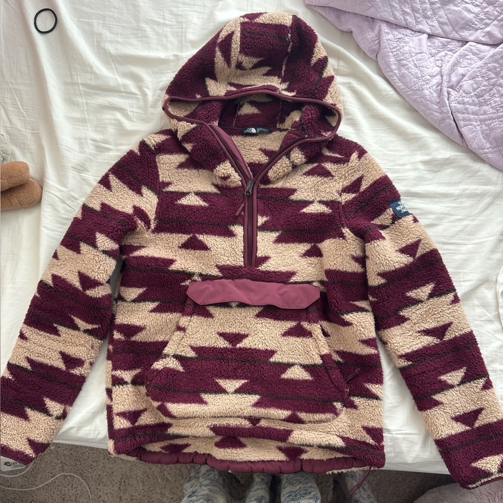 The North Face Burgundy and Cream Teddy Jacket